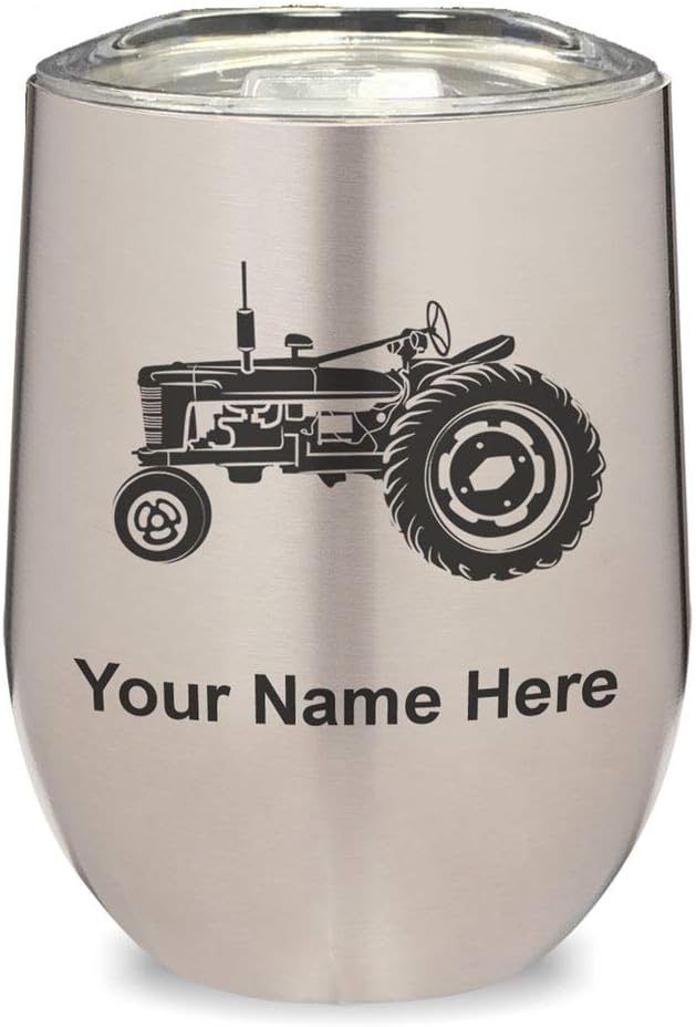 LaserGram 16oz Double Wall Stainless Steel Wine Glass Tumbler, Old Farm Tractor, Personalized Engraving Included (Yellow)