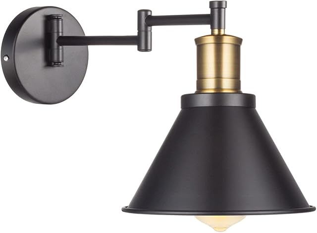 Industrial Swing Arm Wall Lamp Wall Sconce, Black Finish with Bronze Head, E27 Base Wall Lights Fixtures for Bedroom, Bedside Reading Lamp 1-Light