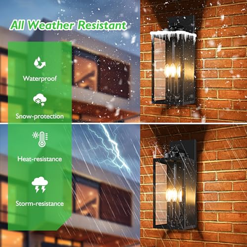 Image of BesLowe 19 inch Large Outdoor Wall Light, 3-Light Exterior Porch Sconce, Black | Waterproof, Rust-Resistant, Durable Metal with Clear Glass, Standard E12 Socket, Easy to Install
