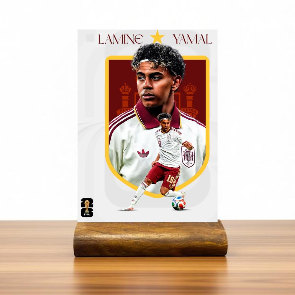 Desktop Photo Frame Lamine Yamal Football World Cup Poster | Table Stand with Wooden Base | Glitter Finish | Sports Room Decor & Gift for Fans, Boys, Office (Yamal 1, 4X6)-image-36