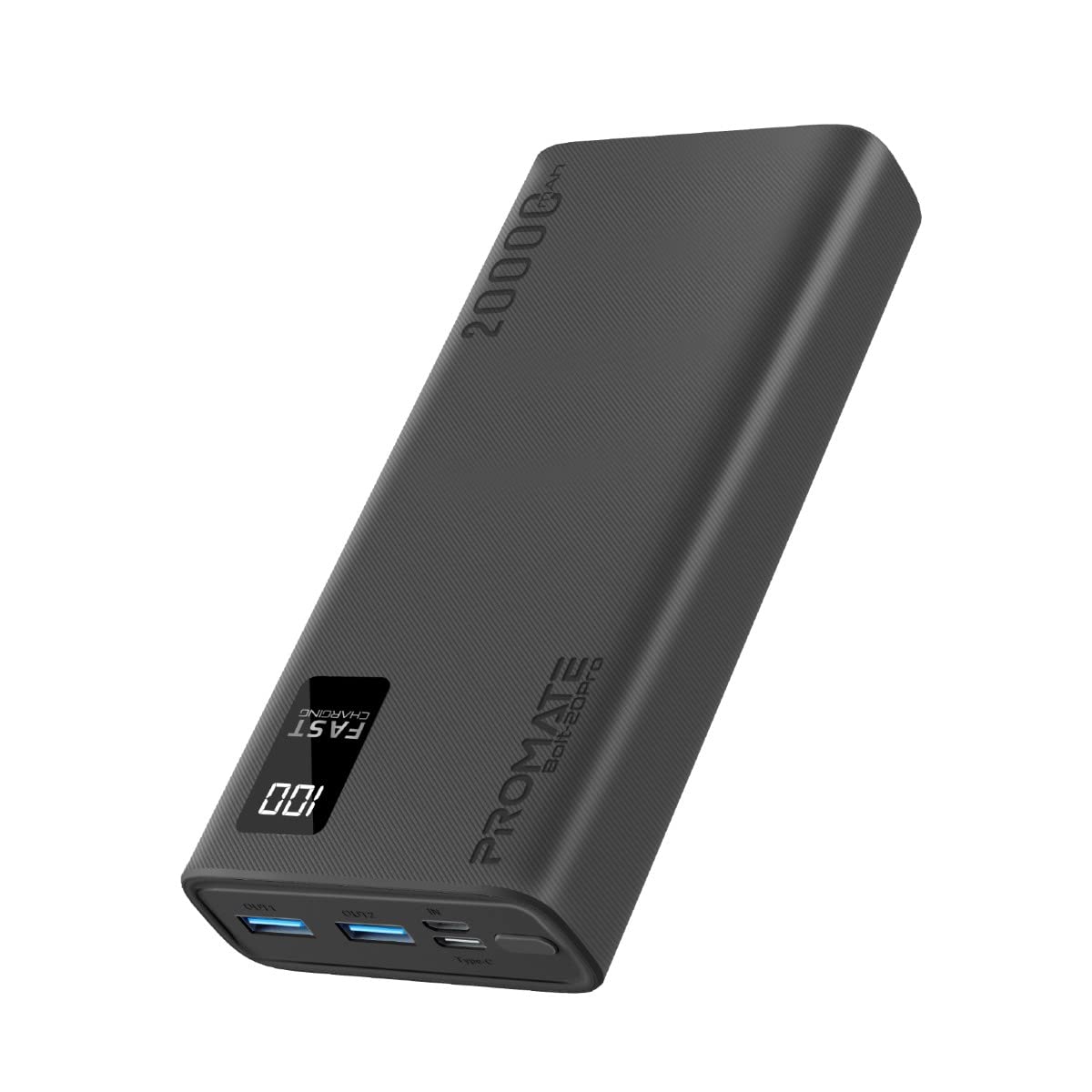 Batería Externa Bolt-20Pro Powerbank Ultra-Slim 20000mAh 3-en-1 Dos Puertos USB-A Puerto USB-C 10W Pantalla LED Inteligente Multiprotección Negro