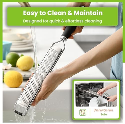 Spring Chef Stainless Steel Lemon Zester Grater with Handle - Garlic, Cheese, Parmesan, Nutmeg, Lime, Ginger Grater - Heavy Duty Kitchen Tool - Citrus Zester with Blade Cover - Fine Shred - Black - 4