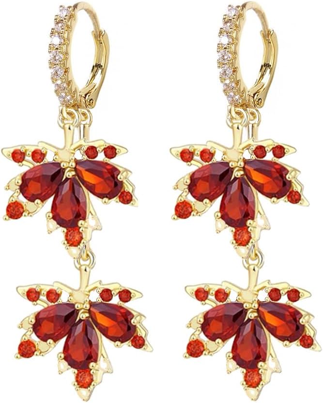 Exquisite Maple Leaf Dangle Hoop Earrings Cubic Zirconia Red Crystal Leaves Fall Drop Dangling Cartilage Small Huggie Hoops Earring Dainty Jewelry Gifts Thanksgiving