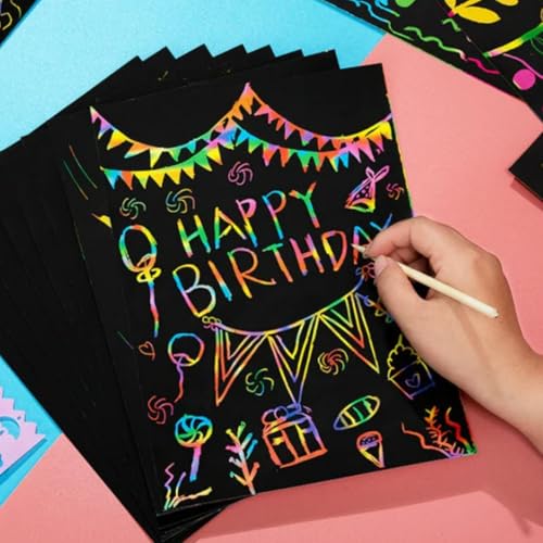 Image of R H lifestyle DIY 10 Sheet Magic Rainbow Scratch Art Paper Cards Scraping Drawing with Stick (A4 Size)