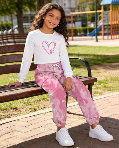 Image of Betusline Girls Fall Winter Clothing Sets, Long Sleeve Crop Top & Cargo Jogger Pants 2 Piece Outfit Sets,4T-14Y