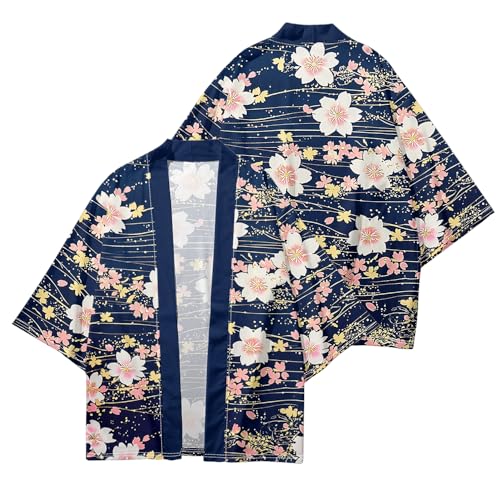 Image of DOSLAVIDA Men's Japanese Kimono Jacket Set Stylish Open Front Coat With Shorts Chinese Style Printed Cardigan Suit