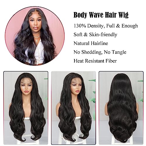 Soku 13X4 Lace Front Wigs Synthetic 28 Inch Body Wave Wigs With Baby Hair Free Part Lace Frontal Wigs Pre Plucked Natural Black Wave Lace Front Wigs For Women Girls High Temperature Fiber #TOP1