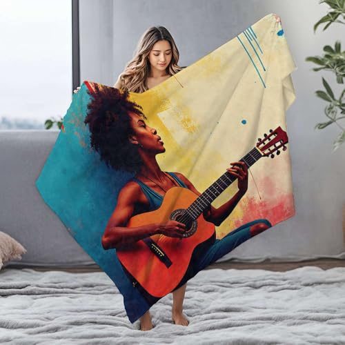 DRPZ Manta personalizada con imagen de una mujer toca una guitarra acústica contra una colorida manta de franela para mamá, manta pequeña (150 x 200 cm)