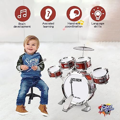 Toddler Drum Set Musical Toy Drum Set for Kids Jazz Drum Kit with Stool with Stool, Bass Drum, Cymbal, 2 Drum Sticks and 4 Small Drums Toys for 3 4 5 Year Old Boys Girls Gifts 3 51dTEeWtIBL. AC