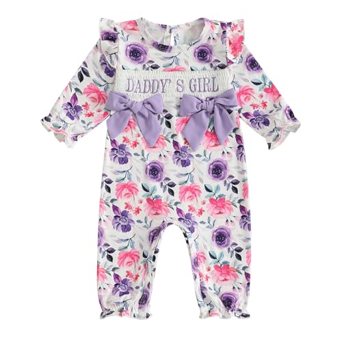 Newborn Baby Girl Fall Outfit Daddys Girl Floral Romper Ruffle Long Sleeve Bowknot Onesie Jumpsuit Winter Clothes