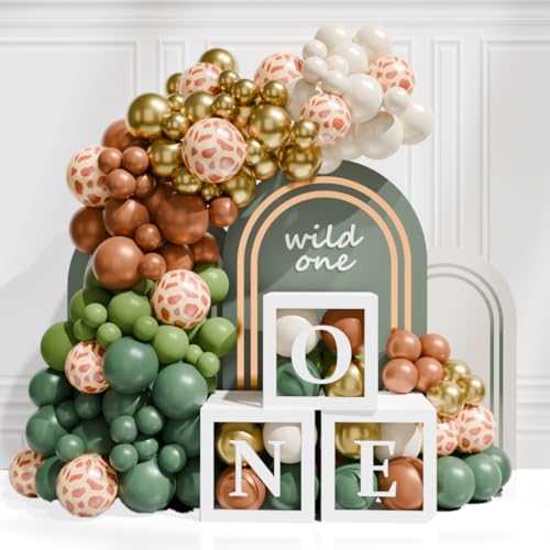 Decoraciones 1er Cumpleaños caja para Niño,3 cajas transparentes con globos verdes y blancos y Letra 'UNO',Conjunto De Animales para Baby Shower Cumpleaños Niño decoracion cumpleaños 1 año Babyparty