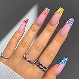 YoYoee Long Fake Nails Tips-Coffin Press on Nails Pink Ballerina False Nails for Women and Girls...