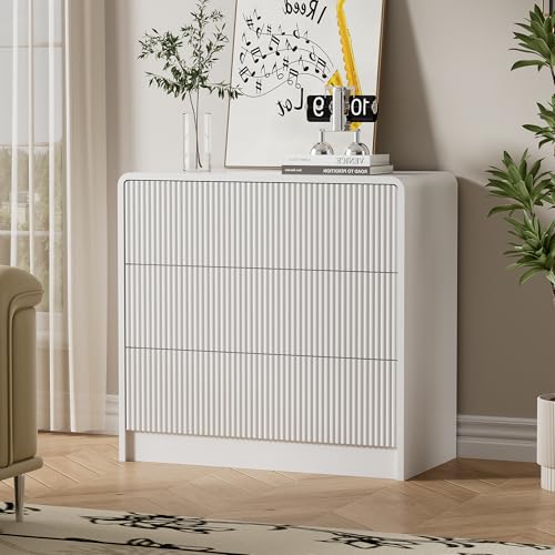 Image of Furniway White 3 Drawer Dresser, 32 inch Wide Wood Chest of Drawers with Curved Design, Modern Fluted Dresser with Push-to-Open Storage for Bedroom