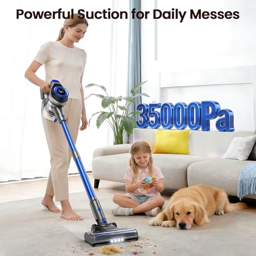 Image of Dzaki N1 Cordless Vacuum Cleaner, 400W 35KPa Cordless Vacuum Cleaner for Home, Cordless Stick Vacuum with LED Display, Anti-Tangle Self-Standing Rechargeable Stick Vacuum (Blue)