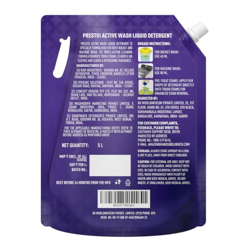 Image of Amazon Brand - Presto! Active Wash Liquid Detergent Refill Pack 5L | Floral Scent | Powerful Stain Removal for Machine Wash