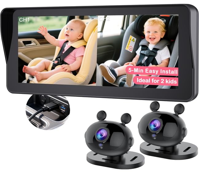 Image of Wkzay HD 1080P Dual Baby Car Camera for 2-Kids: 6.9 Inch Split Display with 2 Night Vision Carseat Cameras - 5-Mins USB Easy Install 360° Adjustable for New Parents