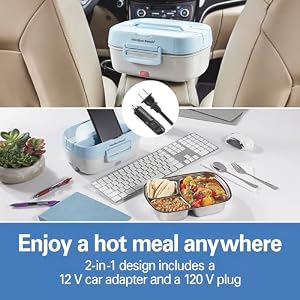 Hamilton Beach Portable Electric Lunch Box Food Warmer for Office Car with 12V Adapter 120V Plug Stainless Steel 3 Compartment Tray Insulated Carrying Bag Fork Spoon Blue 33105