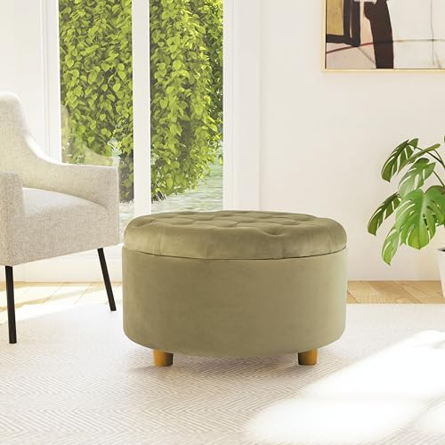 Image of HomePop 28 inch Button Tufted Velvet Round Storage Ottoman - Light Sage Green Velvet