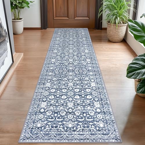 Lansny Hallway Runner Rug, Light Blue White Washable Runner Rug