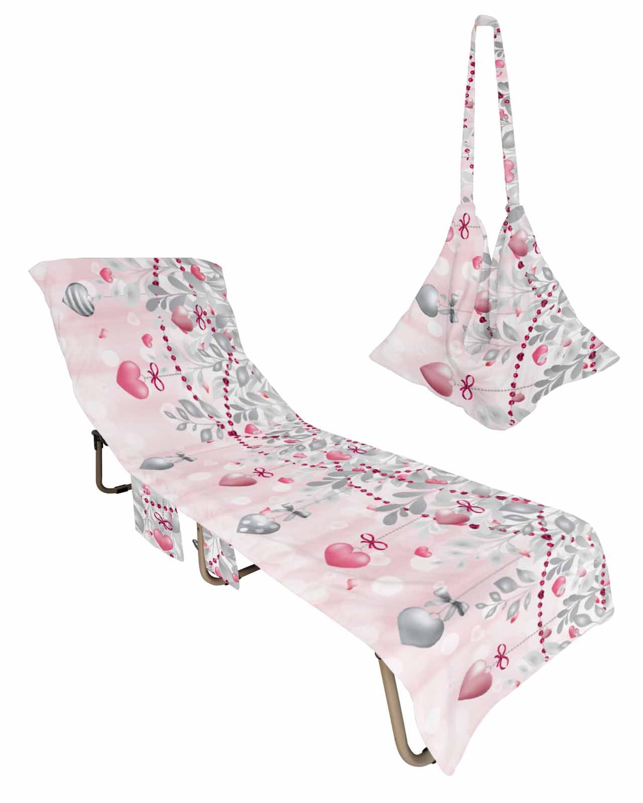 Pink Grey Valentine's Beach Lounge Chair Towel Cover, Soft Chaise Lounge Towel with Side Pockets Patio Pool Chairs Cover for Beach/Pool Sunbathing 29x85 Spring Floral Botanical Love Heart