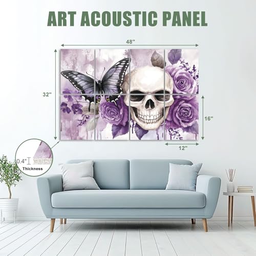 8 Pack Art Acoustic Panels Sound Absorbing Grey Purple Skull Rose Flower Rustic Butterfly Roses Leaves Floral Decorative Soundproof Wall Panels Self Adhesive for Recording Studios Office 48"x32" miniatura 2