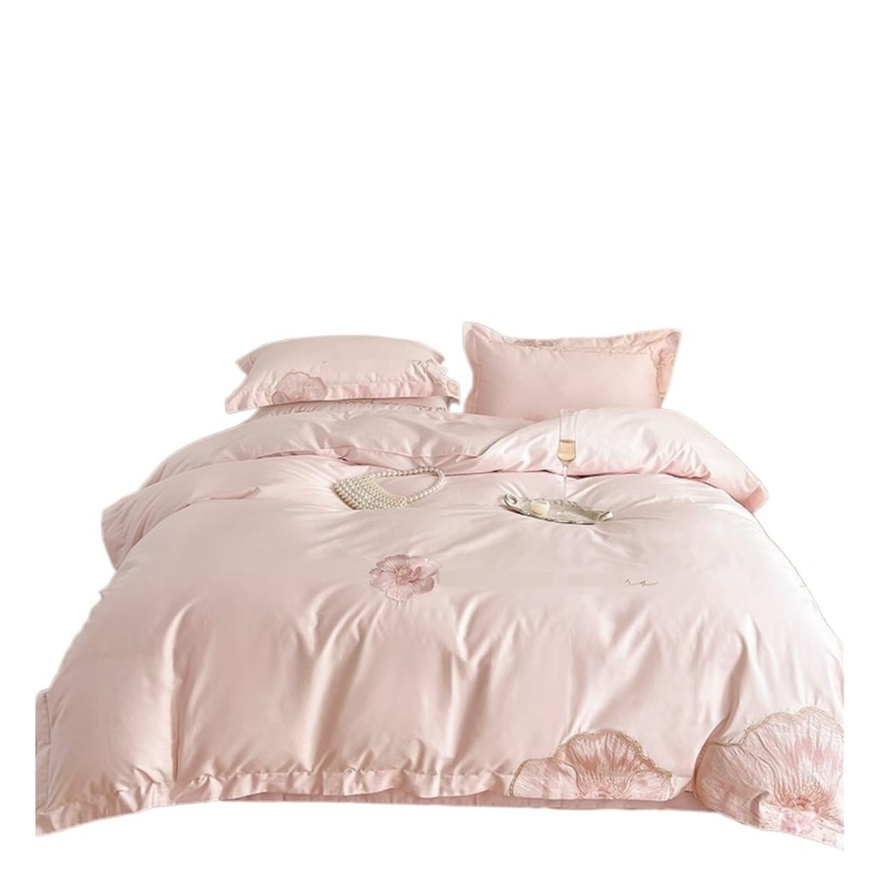 Parure de lit double anti irritation en coton à broderie douce lit 2m rose