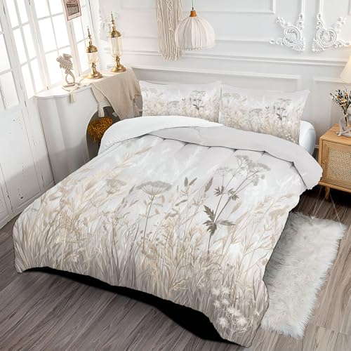 Edredón Relleno Nórdico Cama 150 Nórdico 4 Estaciones Estampado Malezas Y Flores Edredón Estilo Pastoral Suave y Ligero con Fundas 220x240cm, Gris Claro