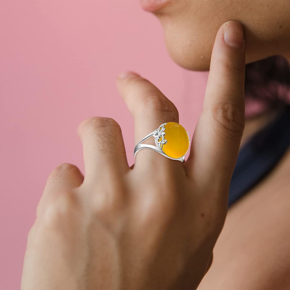 Natural Onyx Agate Stone Ring,S925 Sterling Silver Edged with Flower Vine Genuine Gemstone Turkey Ring Jewelry for Women - Image 4