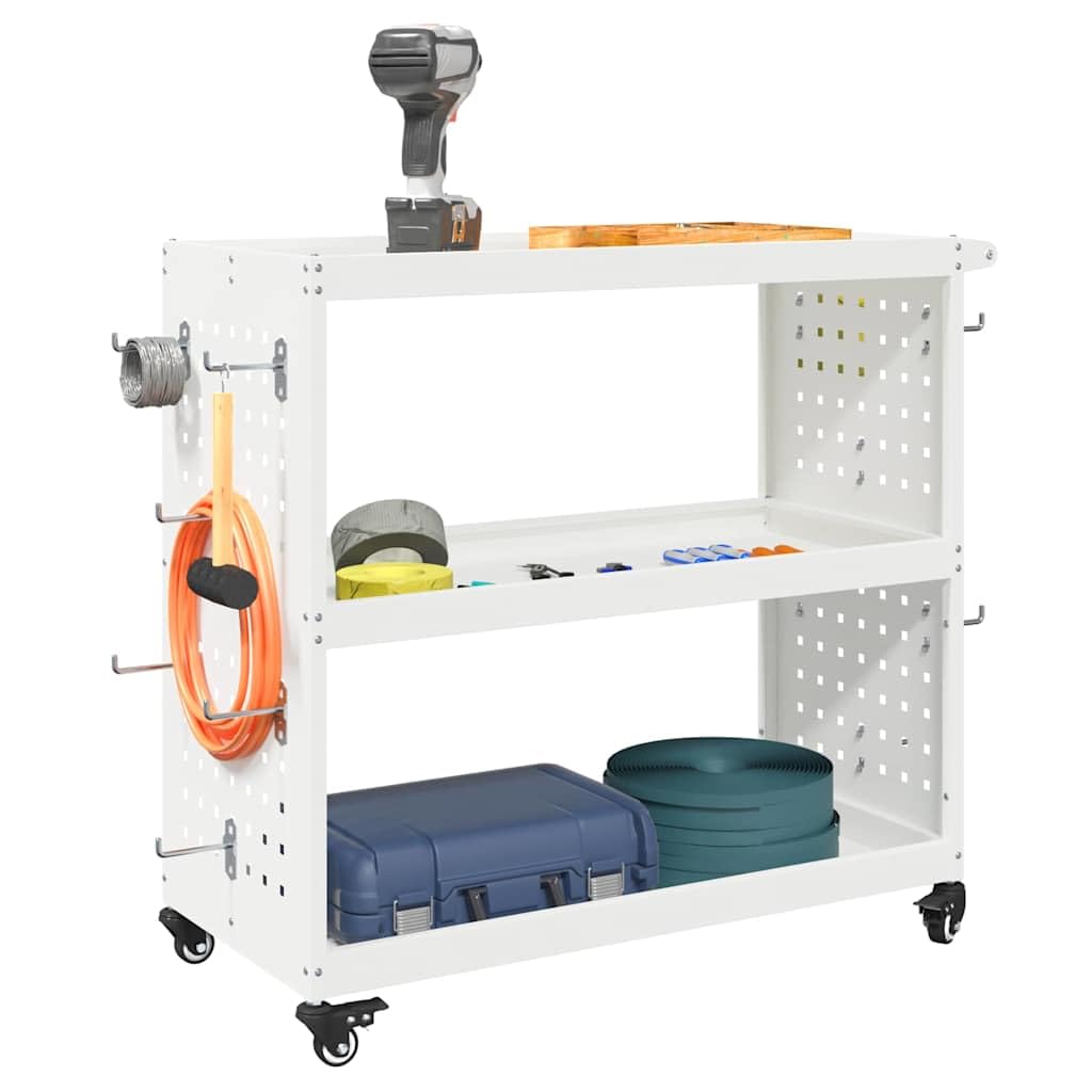 Carrello portautensili in acciaio laminato a freddo, carrello da officina con 3 ripiani, 12 ganci e 4 ruote bloccabili, carrello di servizio mobile 75 x 35 x 73 cm, bianco