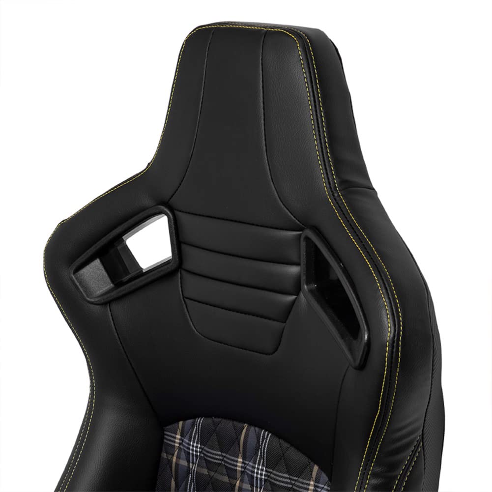 AutoStyle Siège baquet 'GT' - Simili Cuir Noir + Tissu en motif à carreaux Jaune + Surpiqûres Jaune - Dossier réglable - incl. glissières