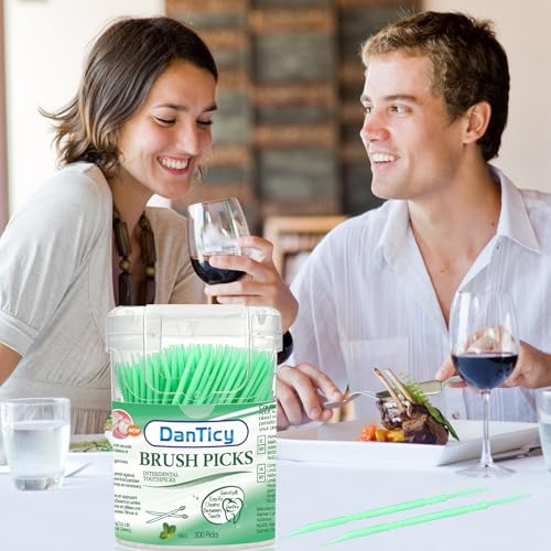 DanTicy Mint Flavored Toothpicks, Brushpicks Interdental Toothpicks,Soft Bristle Dental Floss Picks Toothpicks,Helps Removes Plaque and Debris Between Your Teeth, Mint, 300PCS (Pack of 1)