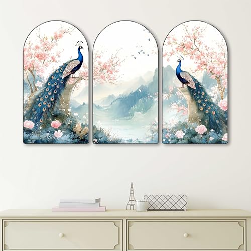 Image of Livin'luxe Peacock Wall Painting | Set of 3 MDF Panel Wall Art | Elegant Floral & Mountain Theme Decorative Painting for Living Room, Bedroom, Hallway & Home Interiors (20 x 30 Inch) RPNS-21