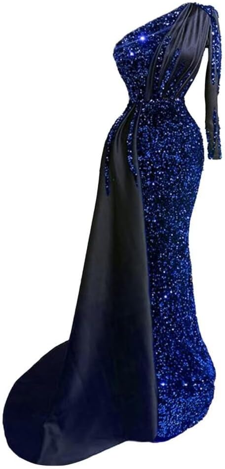 Women Sparkly Sequin One Shoulder Prom Dress Long Corset Mermaid Formal Satin Ball Gown Sexy Charming Evening Party Gown