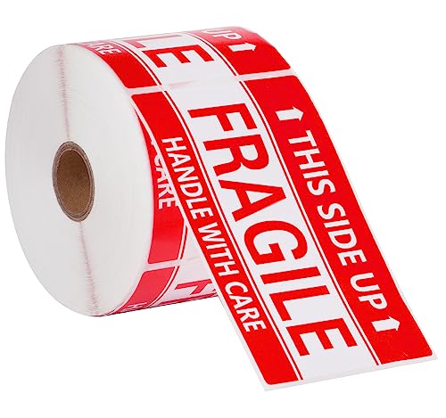 Image of 3 x 5 Inch Handle with Care This Side Up 500 Permanent Adhesive Fragile Stickers for Shipping Moving Glass Labels (1 Roll, 500 Labels)
