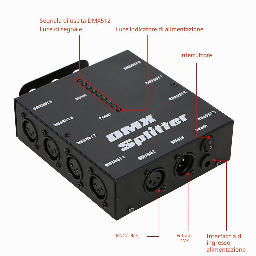 Lixada DMX512 Splitter ottico Funziona Come DMX512 amplificatore di segnale per l' illuminazione del palco, 8 canali Uscite indipendenti, Einzelteil dimensioni: 12.8 * 4.3 * 17.2 centimetri.