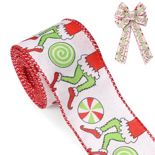 Christmas Ribbon for Tree Red Green Funny Xmas Cartoon Character Ribbon Wired Peppermint Fabric Ribbons Gift Wrapping DIY Craft Wreath Bows Making Xmas Tree Decor Party Decoration 10 Yards x 2.5inch