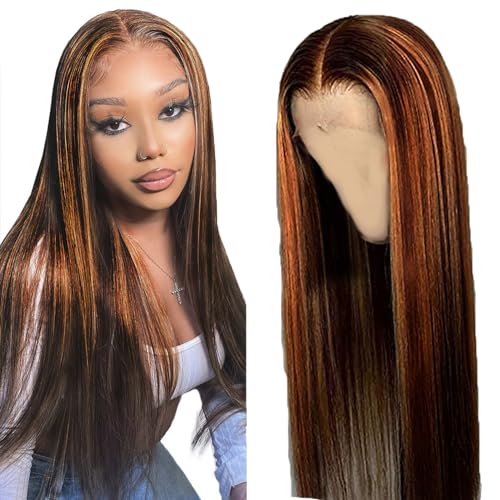 Creuost 34 Inch Perruque Echthaare Straight 4x1 Swiss Spitze Lace Frontal Human Hair Wig Perruques Dames Unprocessed Brazilian Virgin Hair Pre Plucked With Natural Hairline P4/30 Highlight Brown
