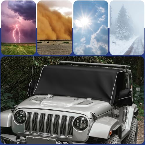 Image of Windshield & Front Side Window Snow Cover Compatible wirh Jeep Wrangle JK 07-18, 600D Oxford Cloth Windshield Cover with Mirror Cover for Sun, Rain, Snow, Sand, Dust, Leaves, Branches Protector