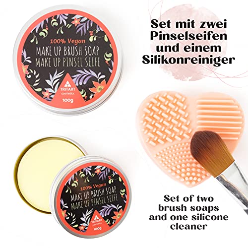 Tritart Pinselreiniger Makeup Set - Make Up Pinsel Reiniger - Veganer Kosmetikpinsel Reiniger mit Silikon Bürste - Kosmetik Pinselreinigung - 2x 100g Pinselseife - Brush Cleaner