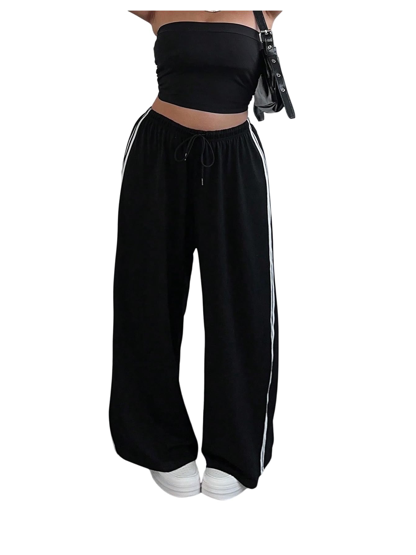 GORGLITTER Womens Plus Size Wide Leg Striped Baggy Track Pants Drawstring High Waist Sweatpants