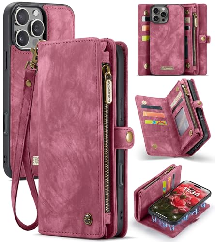 Coque iPhone 16 Pro en cuir avec fentes cartes et cordon amovible luxe rouge
