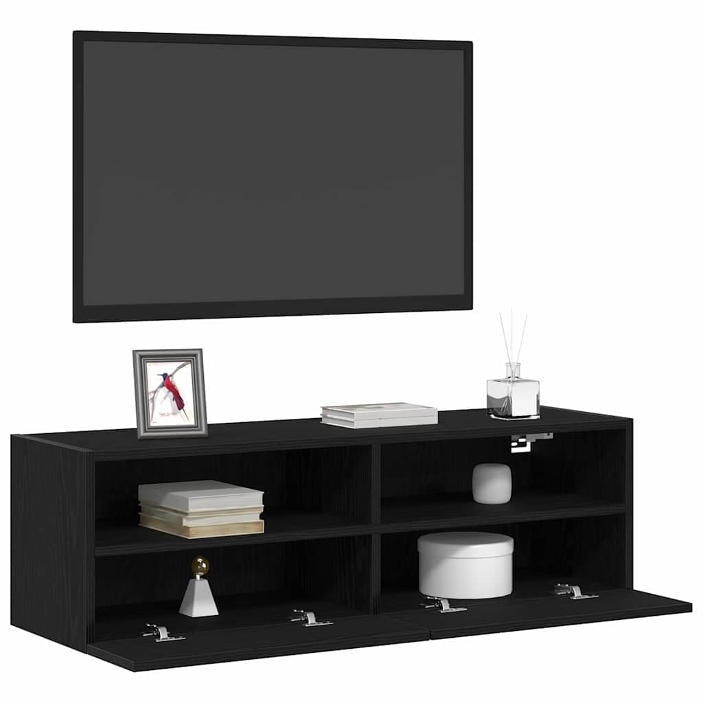 Porta TV da Parete Sospeso 2 Pz Rovere Nero Legno Ingegnerizzato | Credenza sospesa salvaspazio per il soggiorno con ante a cerniera e ripiani interni per decoder e accessori.