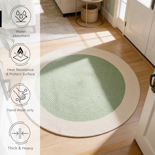 Image of Encasa XO Handmade Round Crochet Rug 2-Tone Circular Cotton Area Rug for Nursery, Bedroom & Living Room | Boho Modern Minimalist Floor Mat Natural Reversible Rugs | Sage & Off White (120 cm) | 4 Ft