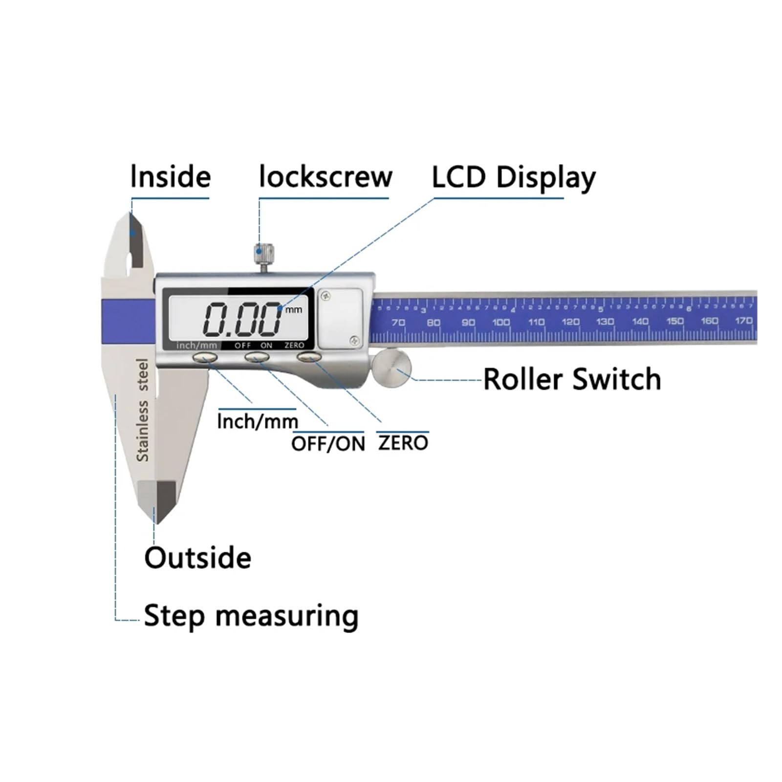 Pies de Rey Calibradores Calibrador Vernier Digital 150/200/300 mm LCD Acero Inoxidable Micrómetro electrónico Herramientas de medición(0-150mm)