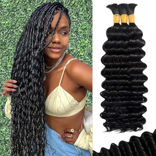 Human Braiding Hair for Boho Braids Human 110g 20 Inch Curly Boho Hair for Braiding Knotless 12A Deep Wave Bulk Bohemian 3 Bundles/Pack (1B)