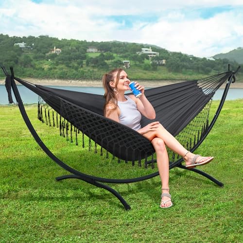 Image of SUNCREAT Portable Outdoor Hammock with Stand Included, Double Hammock with Tassel for Outside, Dark Gray