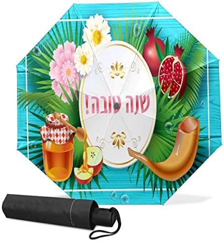 QWEUIOP Travel Umbrella Rosh Hashanah Greeting Card Daisy Honey Windproof Compact Folding Automatic Umbrella for Women and Men