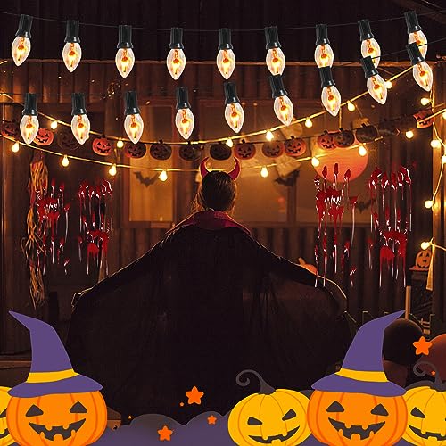 Image of C7 Christmas Flicker Flame String Lights, 25Ft C7 Outdoor Christmas Decorations String Lights with Clear Flicker Flame Bulbs, Hanging Patio Lights for Christmas Halloween Party Garden Porch-Black