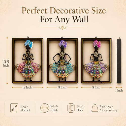 Image of iHandikart Metal Wall Art Set of 3 for Home Decor | Hand-Painted Rajasthani Folk Lady Wall Hanging | Hand-Painted Iron Wall Sculpture for Living Room, Bedroom & Home Decor | 10.5 x 8 Inch Each