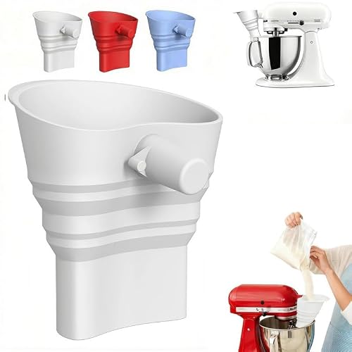 Joiverie 1Pcs Upgraded Foldable Flour Funnel for Mixer,Food-Grade Silicone Funnel,Stand Mixer Kitchen Funnel Attachment for 4.5–7Qt Tilt-Head Models,Dishwasher Safe (White, for 4.5–7Qt)